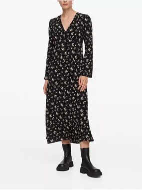 MANGO Floral V-Neck Long Sleeve Midi Dress - Black Floral